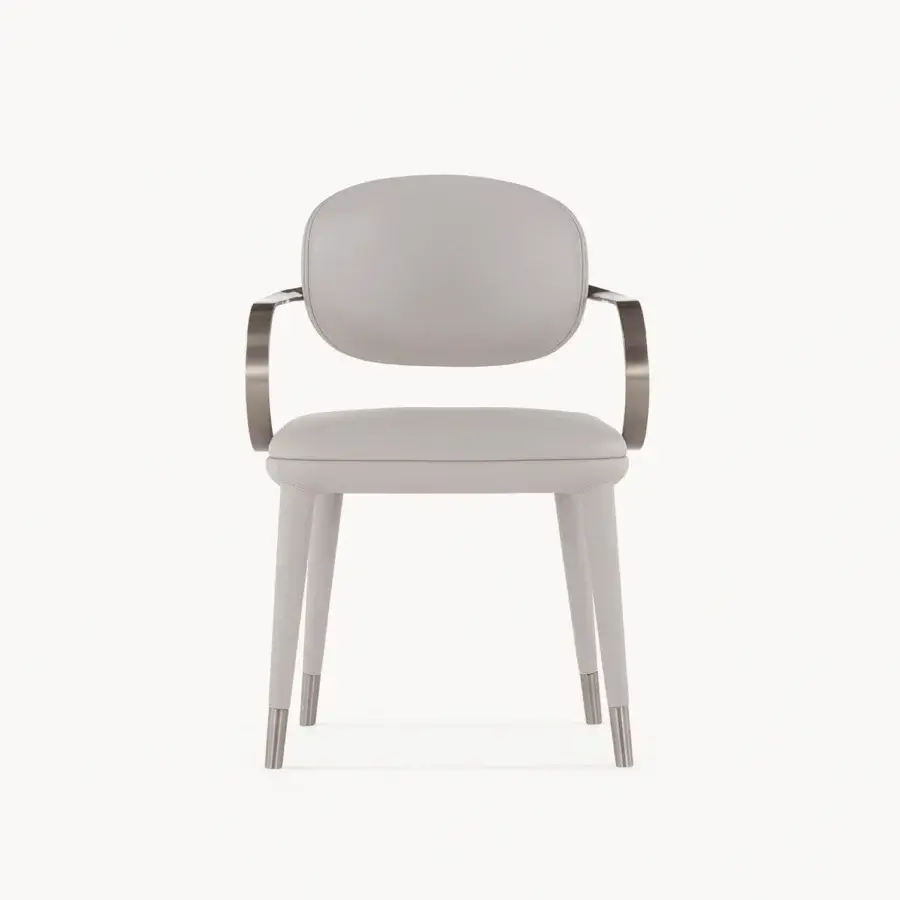 Captivating Visionnaire Elixir armchair crafted in light neutral gray synthetic material with satin metal armrests and tapered beechwood legs