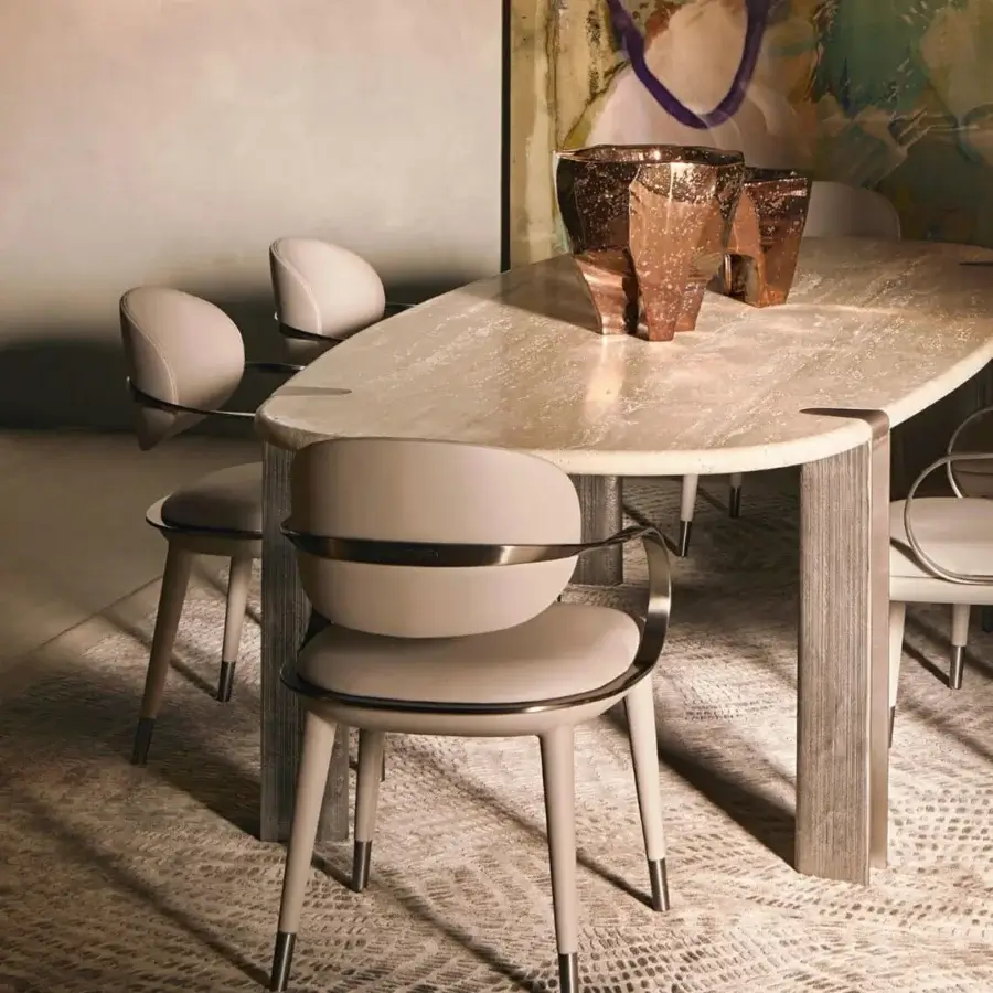 Exclusive Visionnaire Elixir armchair in pale grey textile with twisted satin polish metal support and tapered beechwood legs