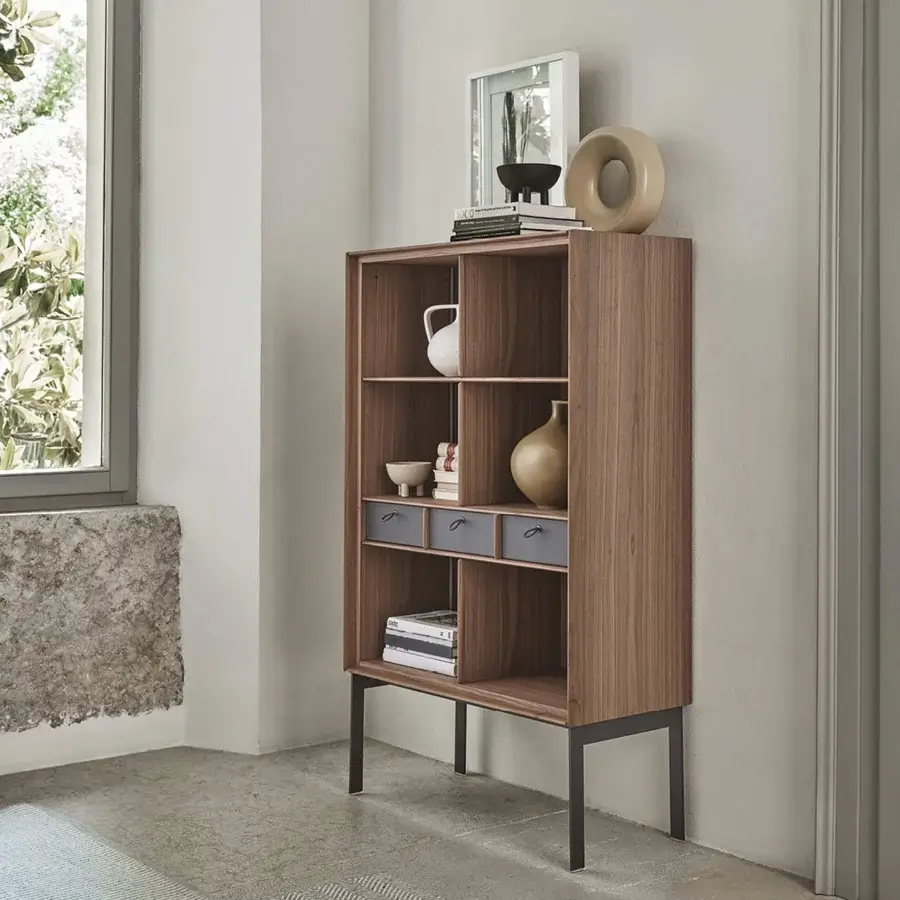 Exceptional Porada Matics 2 cabinet crafted in wood with satin finish, recessed loop handles and Cuoio back panels with integrated lighting