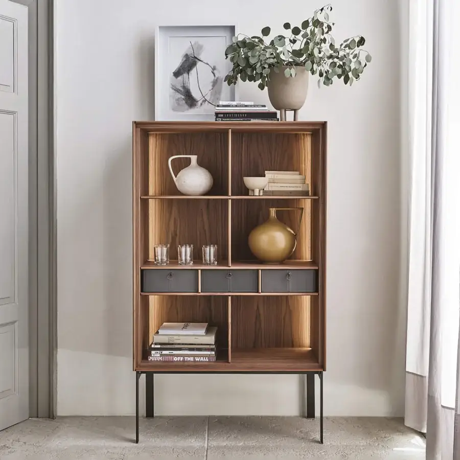 Captivating Porada Matics 2 cabinet crafted in wood with satin finish and dark metal frame, offering customizable back panels with integrated lighting