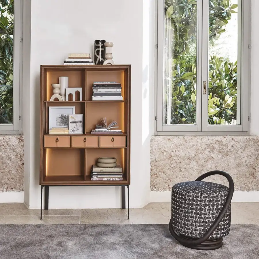 Superior Porada Matics 2 cabinet built in wood with honey-toned satin finish, darker framing and integrated lighting