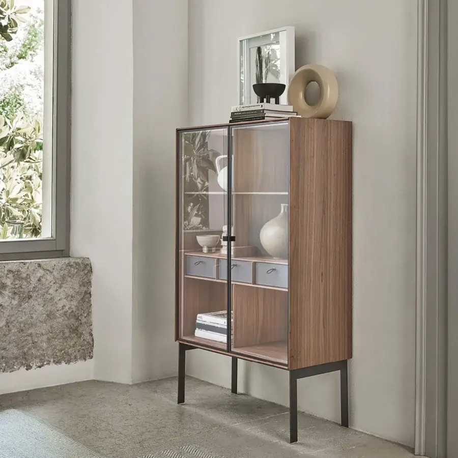 Distinguished Porada Matics 2 cabinet crafted in wood with medium-dark satin finish and Stopsol super silver clear glass doors with Cuoio back panels