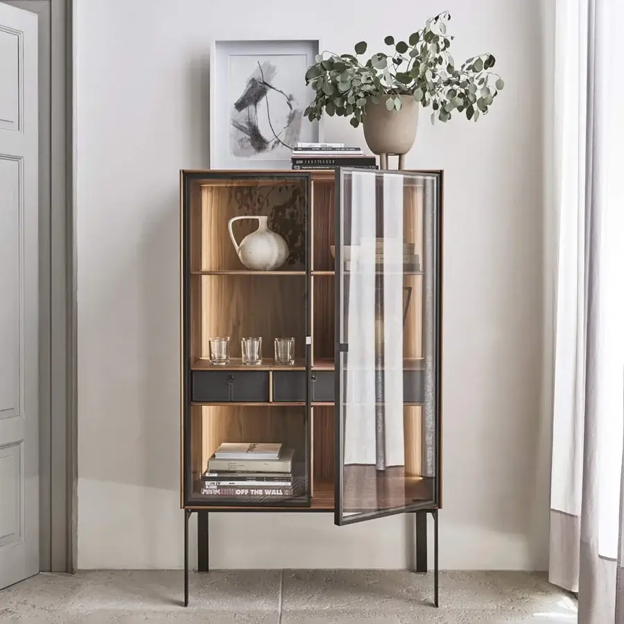 Elegant Porada Matics 2 cabinet built in wood with dark medium-brown finish and Stopsol super silver clear glass doors