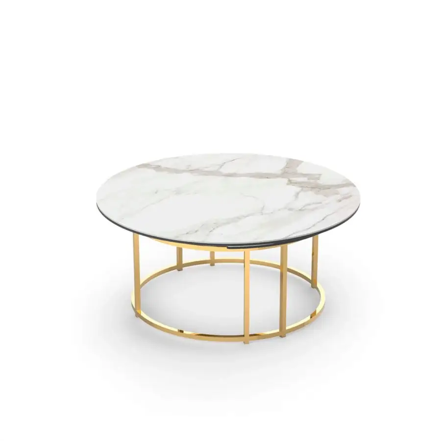 Superior Naos Colombo coffee table with a round ceramic top and golden-toned galvanized steel base in a satin finish