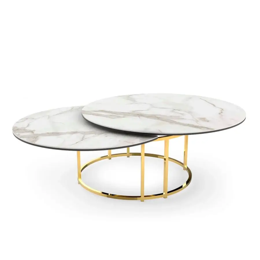 Elegant Naos Colombo coffee table with a round ceramic top and polished gold-toned galvanized steel base, extending with Italian craftsmanship