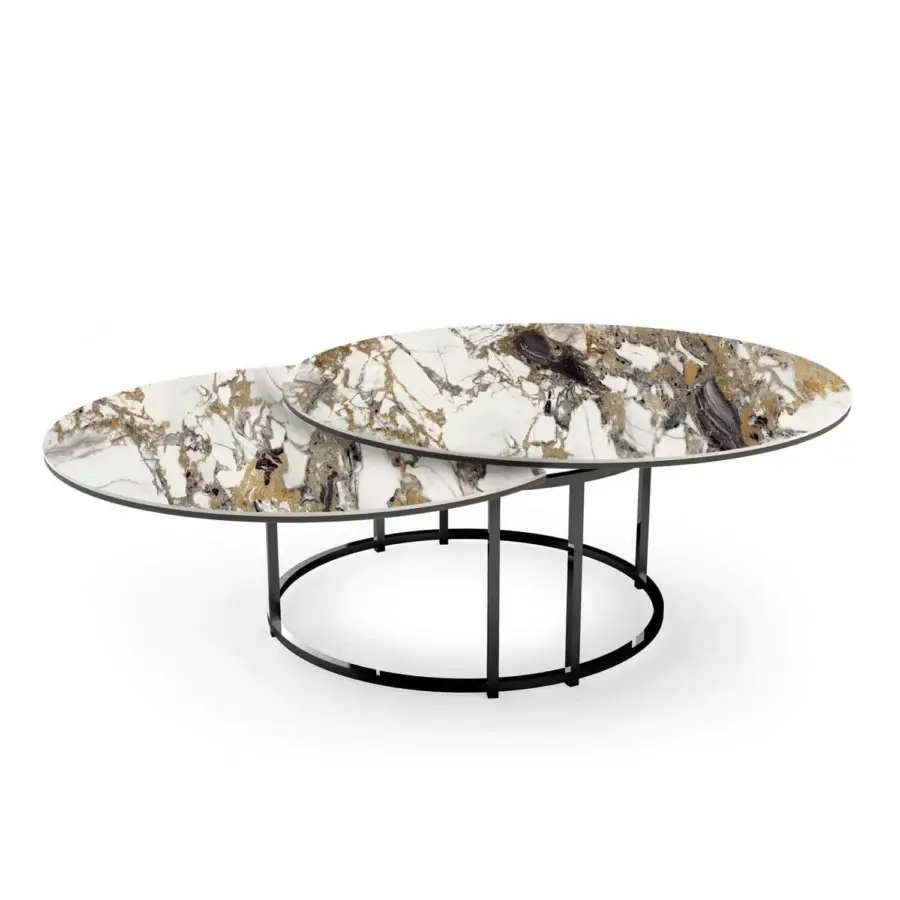Exceptional Naos Colombo coffee table with swirling white, gold, and gray ceramic and black painted steel base, boasting a glossy finish
