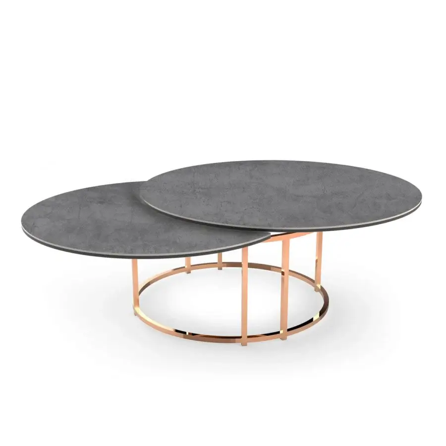 Elegant Naos Colombo coffee table with dark gray ceramic top and golden-toned galvanized steel base crafted in Italy with a satin finish