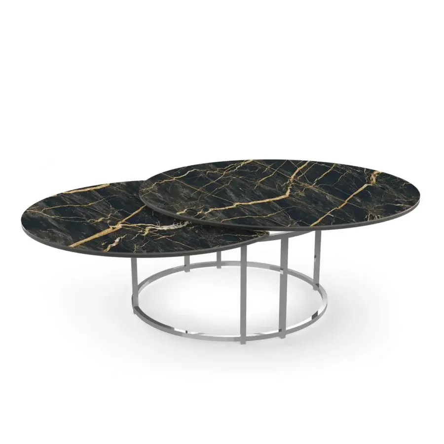 Superior Naos Colombo coffee table with black ceramic top and sleek silver-toned galvanized steel base crafted for extension