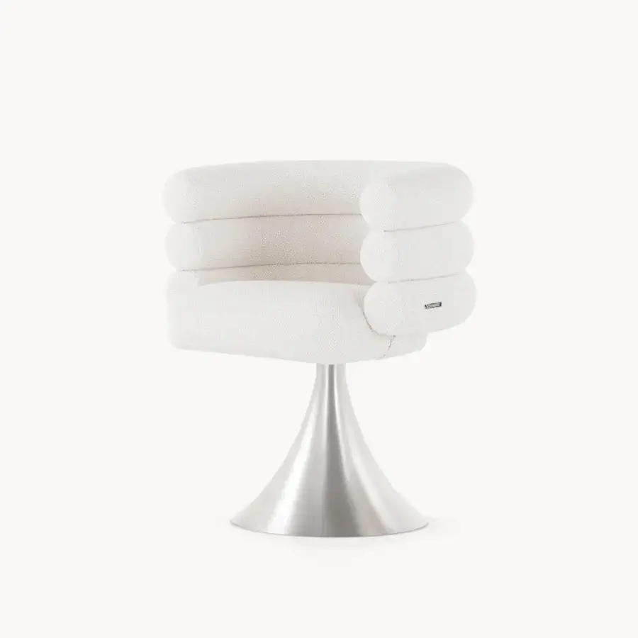 Distinctive Visionnaire Voluptas armchair with textured light cream textile and polished stainless steel base offering adjustable height
