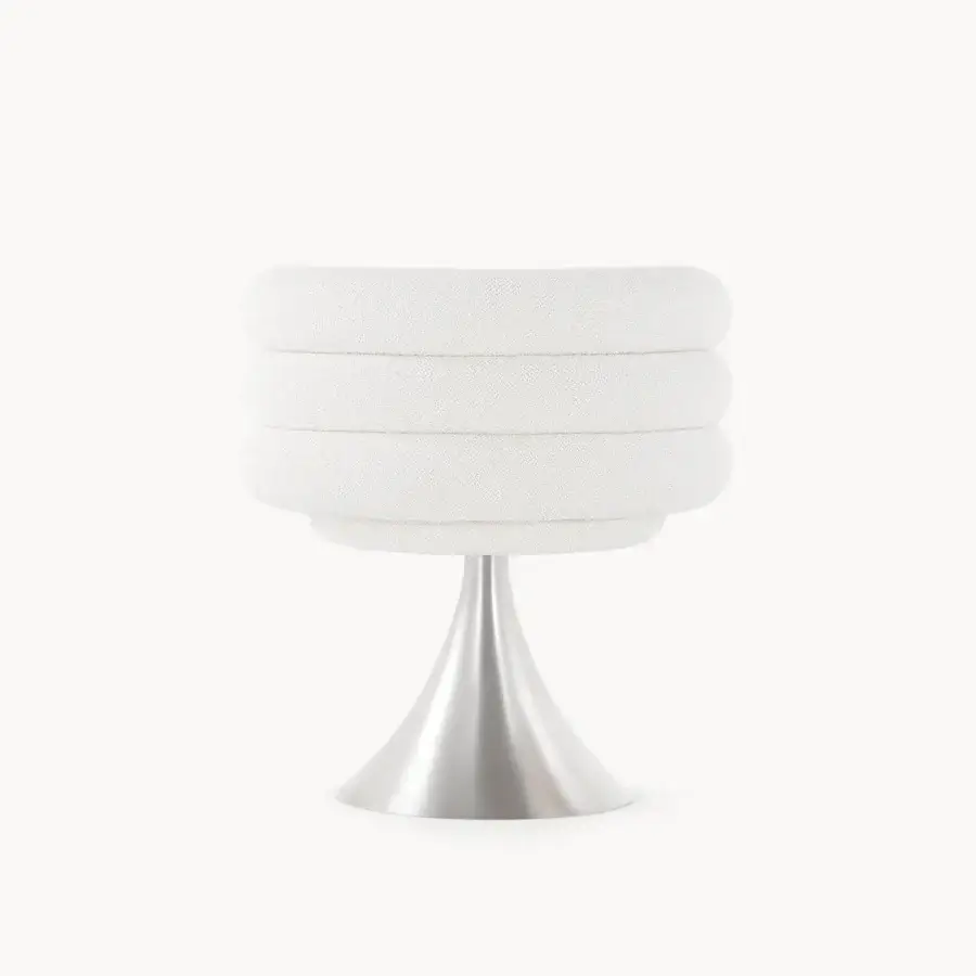 Exceptional Visionnaire Voluptas armchair with soft off-white textile upholstery and satin polished stainless steel base