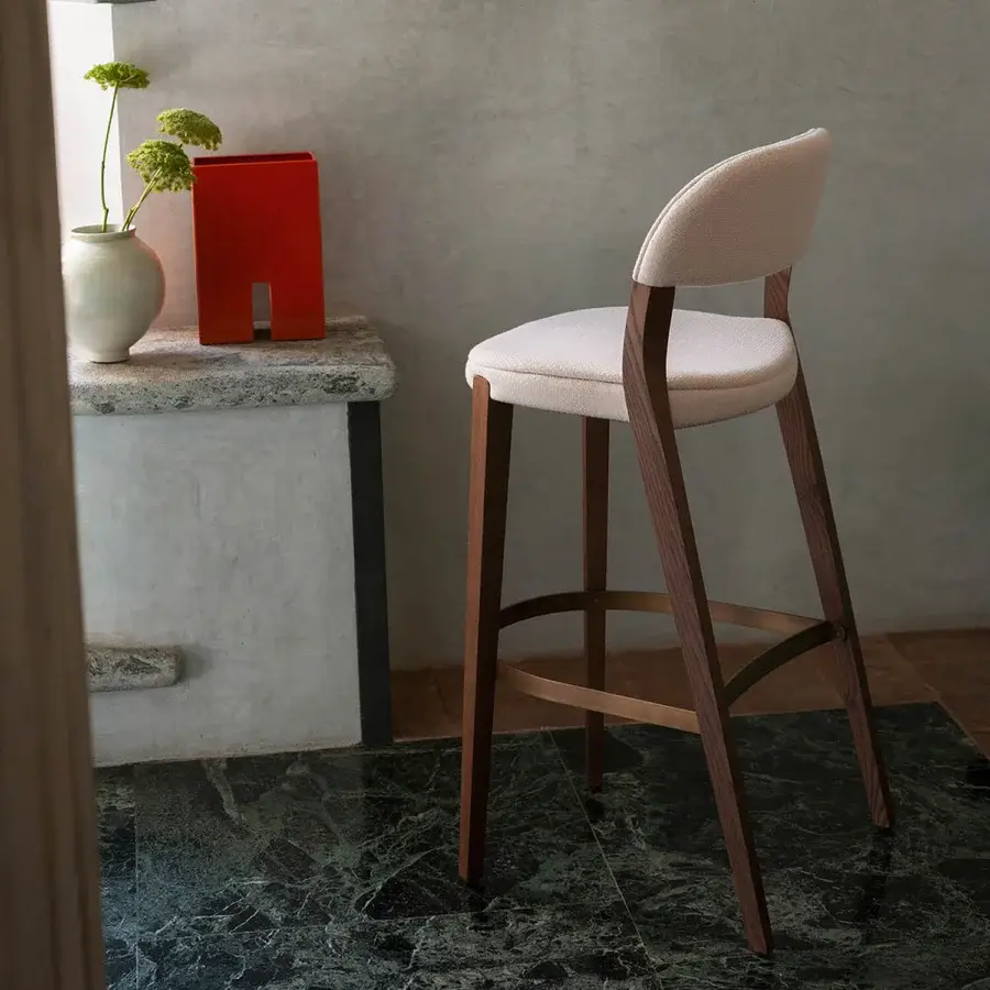 Distinguished Potocco Minima stool with light beige textile upholstery and satin gold finished solid ash wood legs