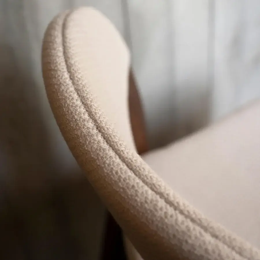 Superior Potocco Minima stool with pale beige textured textile and satin gold finished solid ash wood legs
