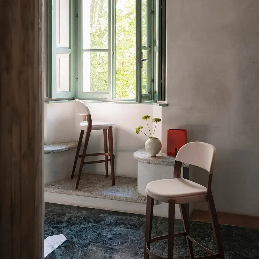 Exceptional Potocco Minima stool crafted with light beige textile and satin gold finished solid ash wood legs