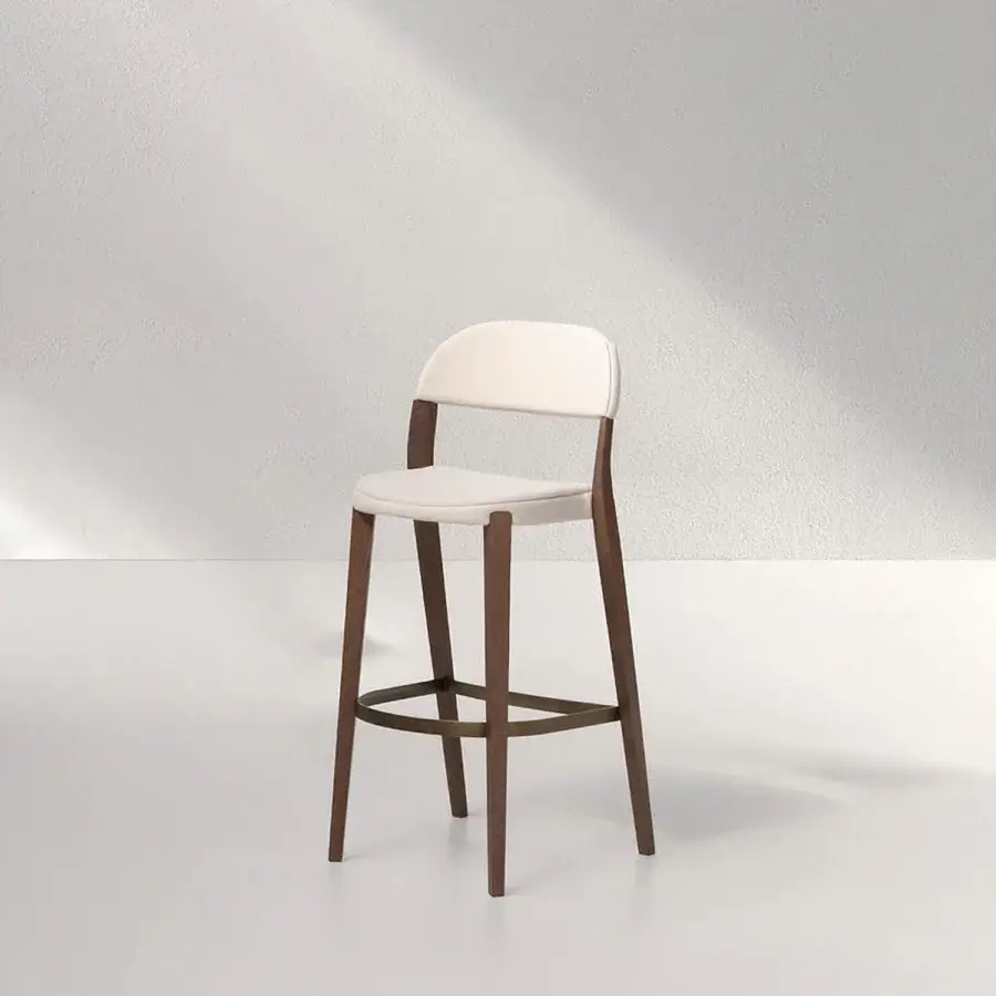 Superior Potocco Minima stool built with light textile and satin gold footrest, showcasing tapered solid ash wood legs