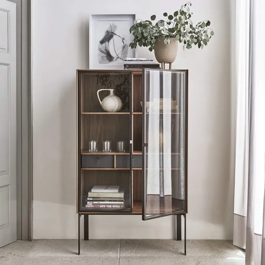 Distinguished Porada Matics 2 cabinet crafted with Stopsol super silver clear glass doors and Cuoio back panels in satin finish
