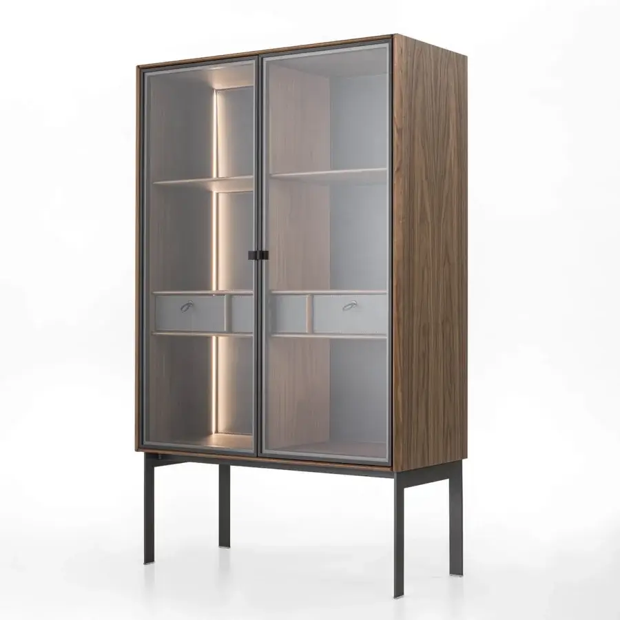 Distinguished Porada Matics 2 cabinet built in wood with Stopsol super silver clear glass doors and Cuoio back panels