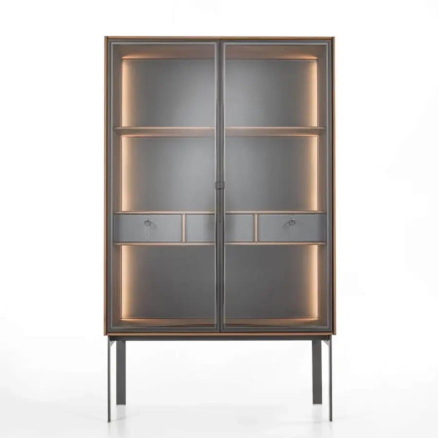 Elegant Porada Matics 2 cabinet with dark matte wood and Stopsol super silver clear glass doors featuring integrated LED lighting