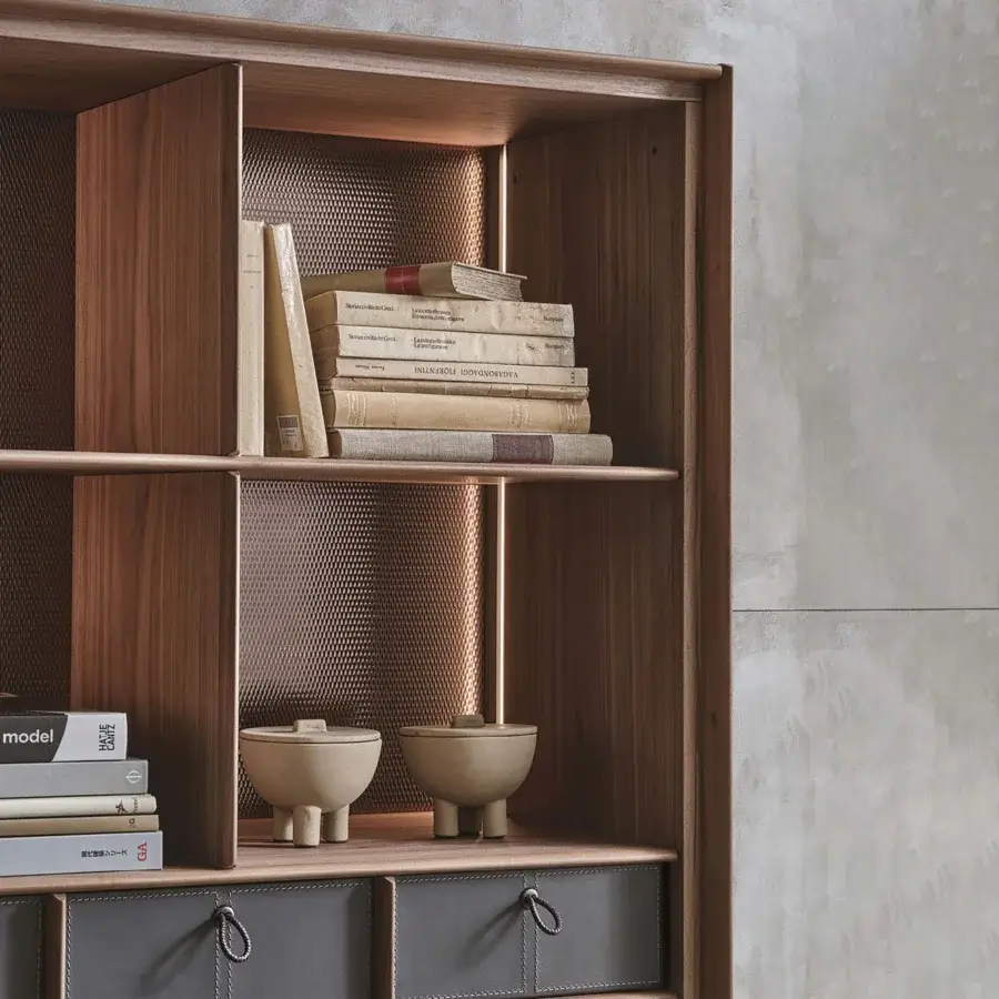 Distinguished Porada Matics 2 shelving unit crafted in wood with textured bronze metal back panels and integrated lighting