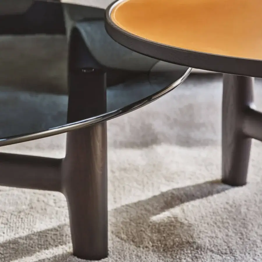 Harmonious Porada Tillow coffee table with smoked glass top and solid canaletto walnut base crafted with skilled joints