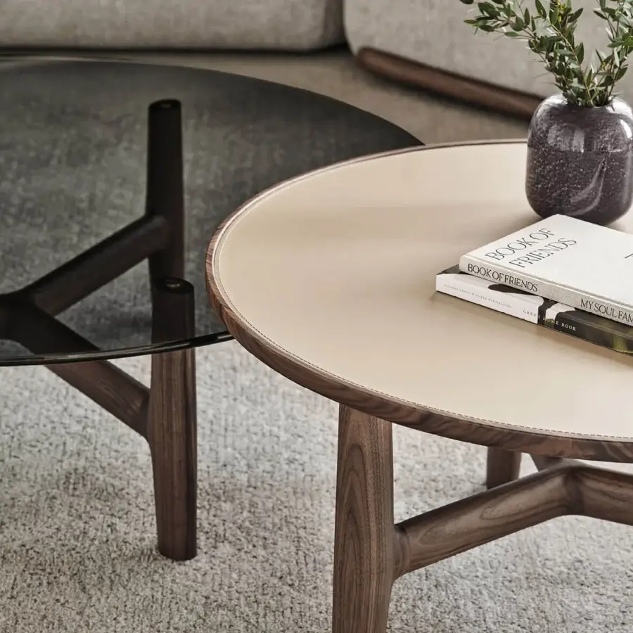 Distinguished Porada Tillow coffee table with sleek smoked glass top and solid canaletto walnut base crafted in a contemporary form