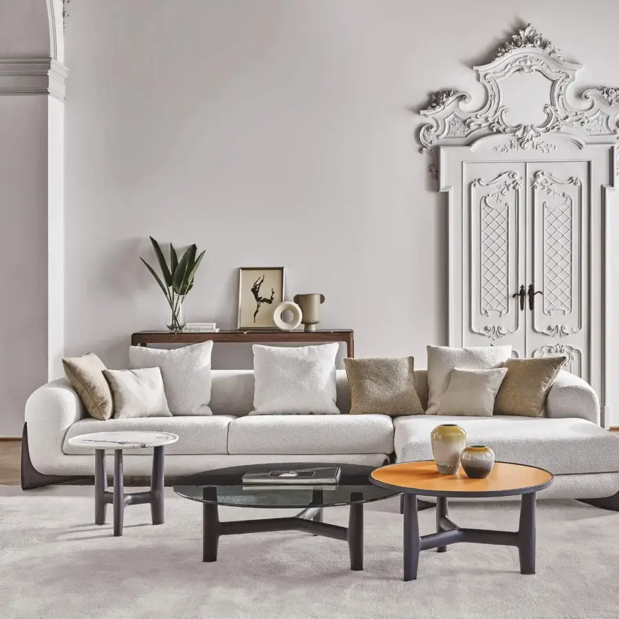 Superior Porada Tillow coffee table with connected canaletto walnut and clear glass top in satin finish