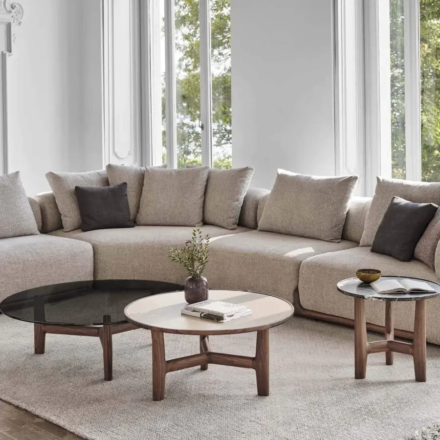 Distinguished Porada Tillow coffee table with smoked glass top and canaletto walnut base in satin finish