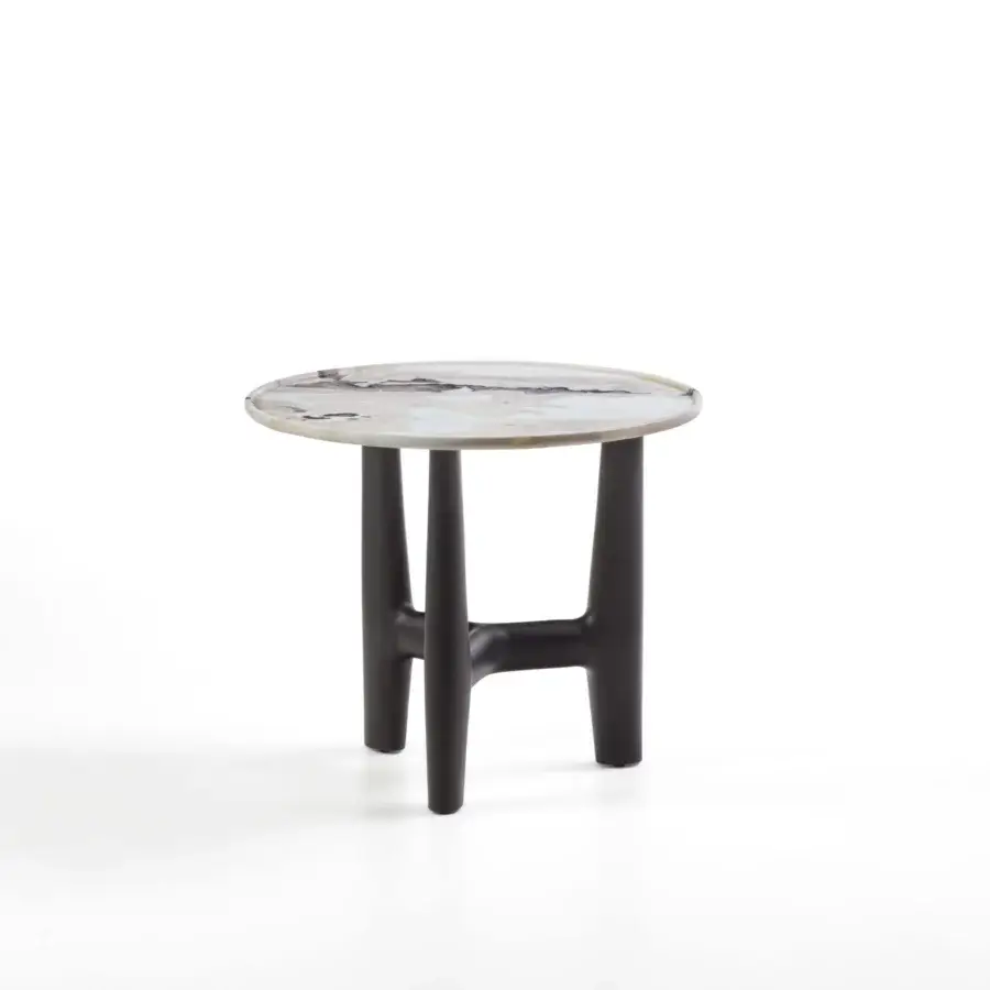 Exceptional Porada Tillow coffee table with carved marble and solid canaletto walnut base exhibiting a warm matte finish