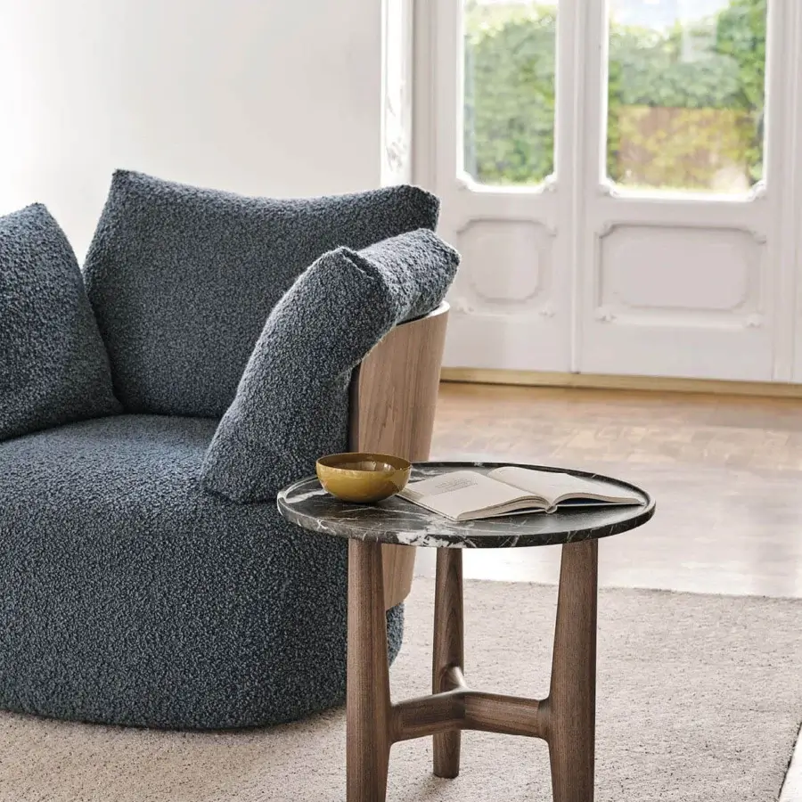 Exceptional Porada Tillow coffee table with sculpted dark gray marble and satin-finish canaletto walnut base