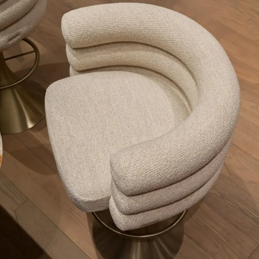Captivating Visionnaire Voluptas stool upholstered in textured neutral beige textile with a satin brass finish