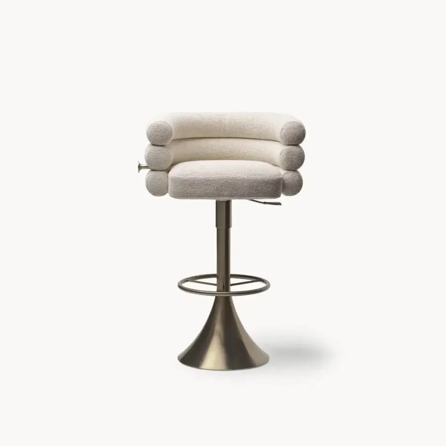 Distinctive Visionnaire Voluptas stool upholstered in textured off-white textile with a polished brass swivel base