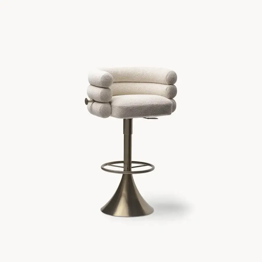 Exceptional Visionnaire Voluptas stool upholstered in light beige textured textile with a muted brass-like stainless steel stem and swivel base
