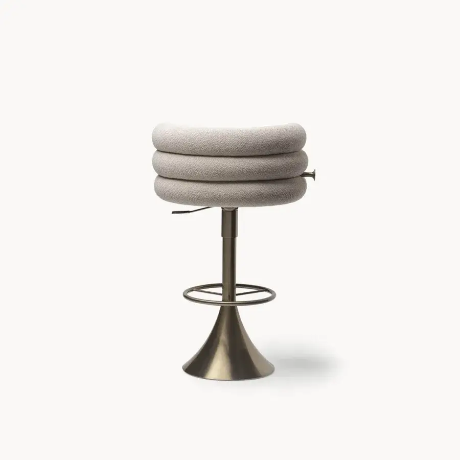Superior Visionnaire Voluptas stool crafted with light neutral beige textile and brushed stainless steel with a functional swivel base