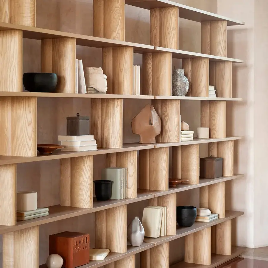Superior Potocco Pages bookshelf in sinuous solid ash wood with a satin finish offers balanced display