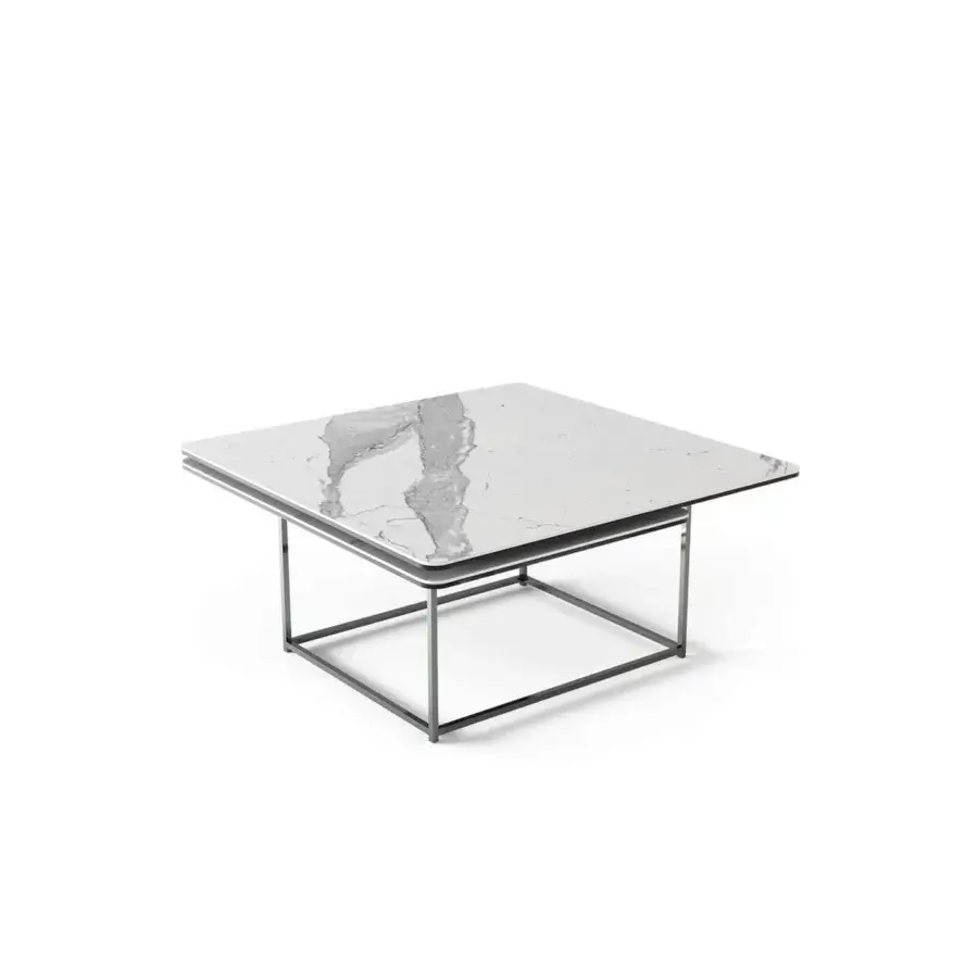 Exceptional Naos Magellano coffee table with a ceramic top displaying white and gray veining in a brushed silver galvanized steel base