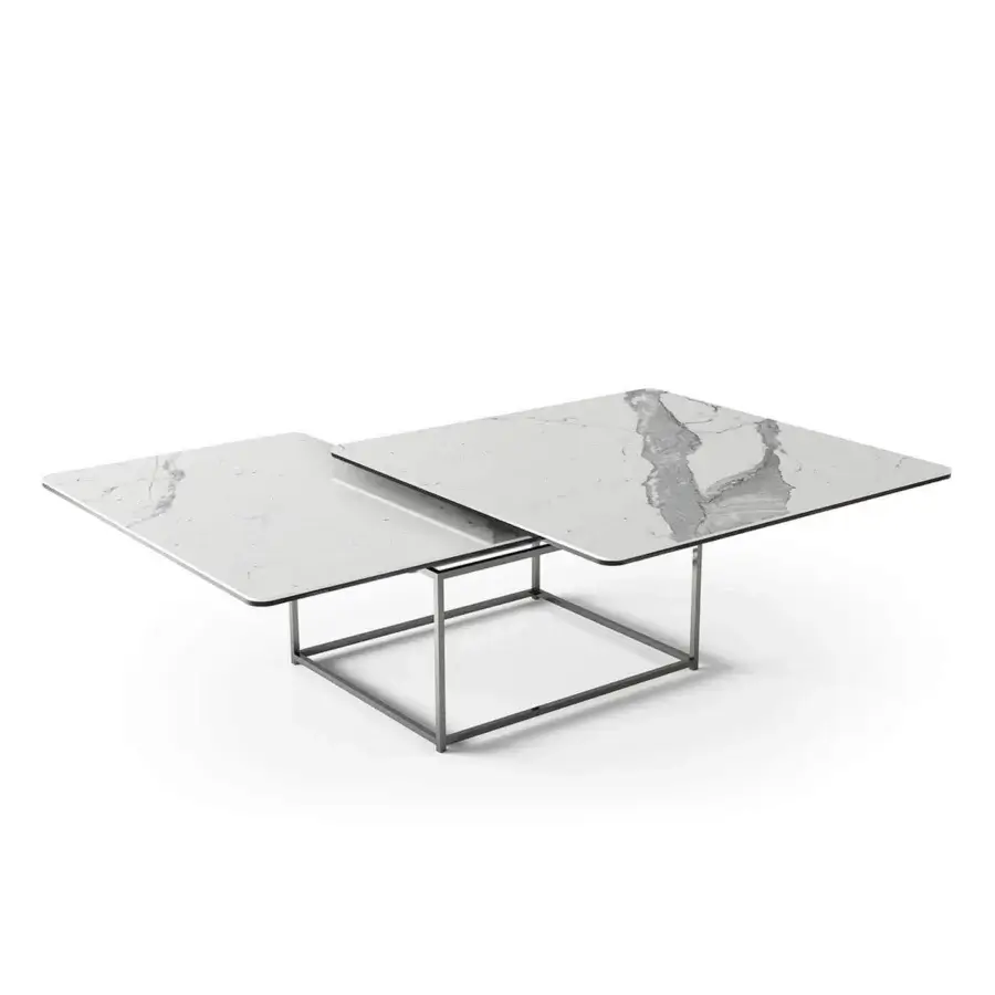 Superior Naos Magellano coffee table with a white marble-like ceramic top and painted steel base crafted with an innovative extending mechanism