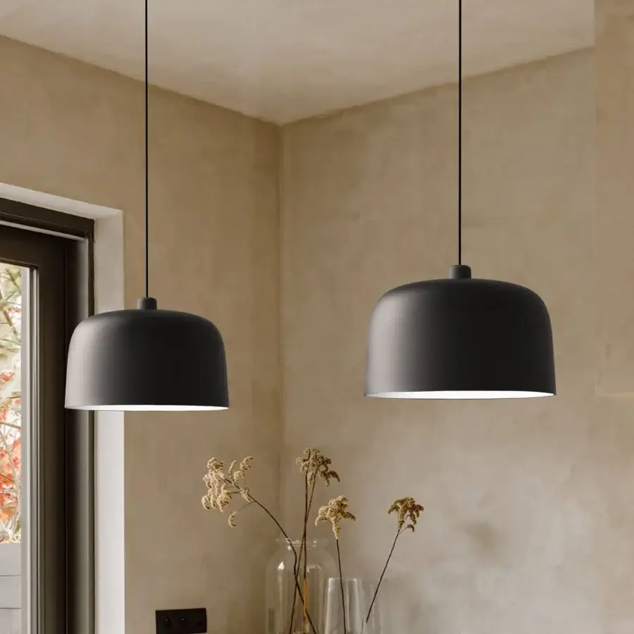 Superior Luceplan Zile suspension lamp with broadly rounded silhouette crafted in dark gray bio-plastic and durable steel
