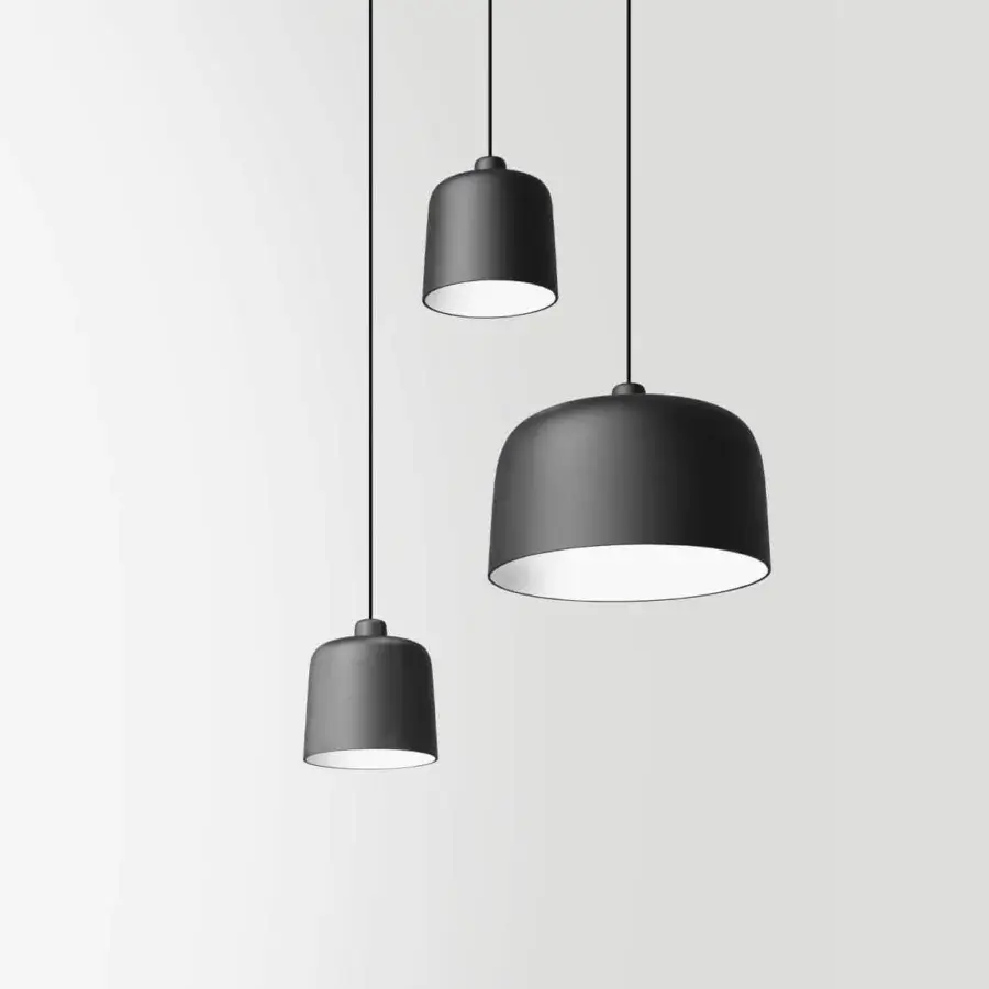 Elegant Luceplan Zile suspension lamp with sculptural bell form crafted in dark gray matte steel and eco-friendly bio-plastic