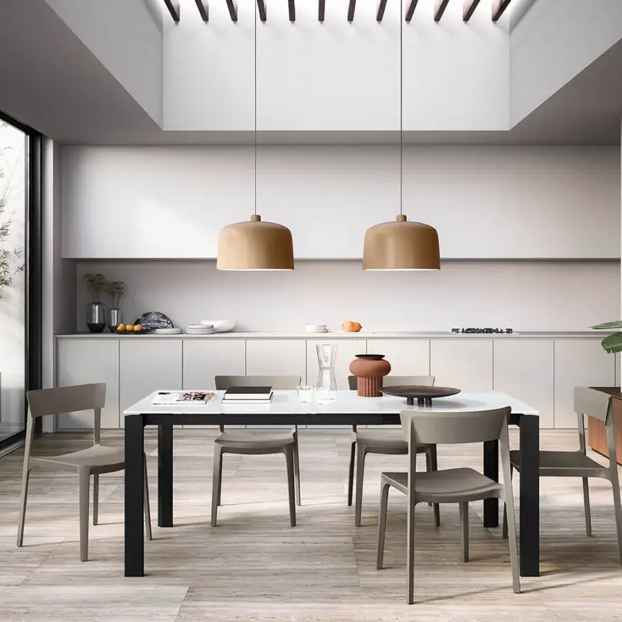 Superior Luceplan Zile suspension lamp with cylindrical form crafted in warm beige bio-plastic and durable steel with satin finish
