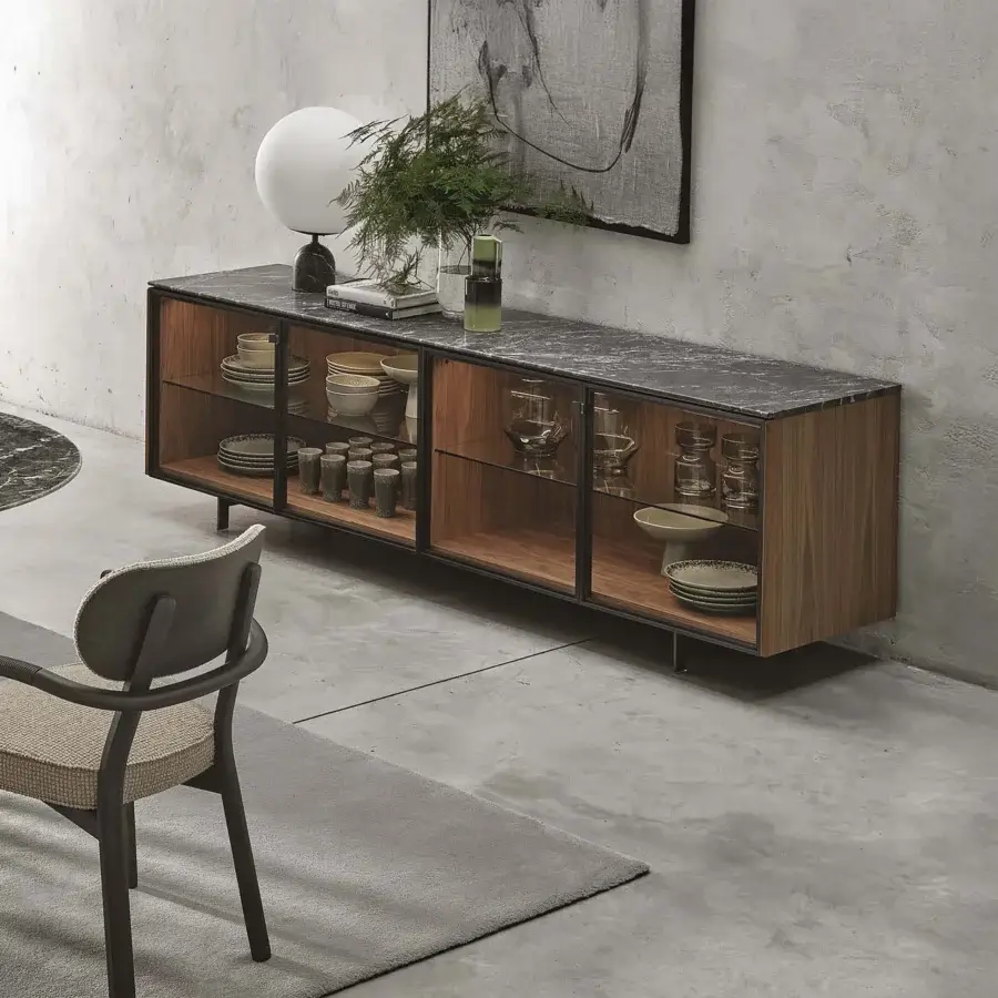 Distinguished Porada Matics 4 sideboard with warm wood doors, pewter metal base and dark polished stone top