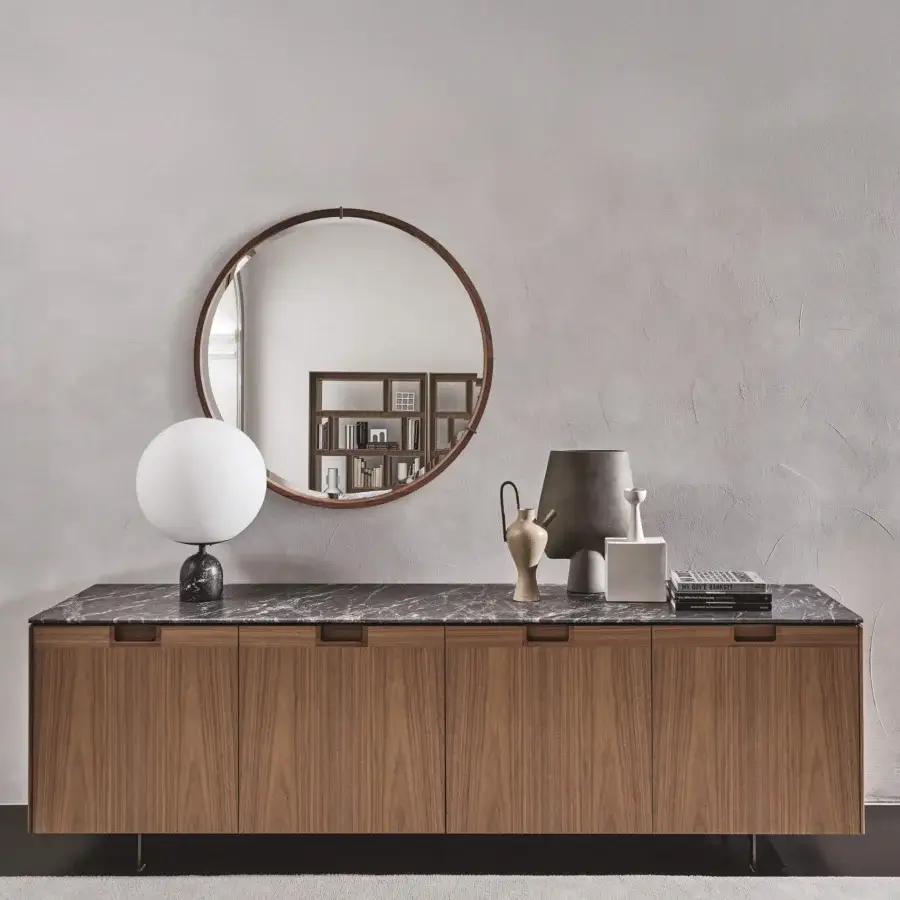Captivating Porada Matics 4 sideboard with warm wood doors, pewter finished metal base and integrated dimmable LED lighting