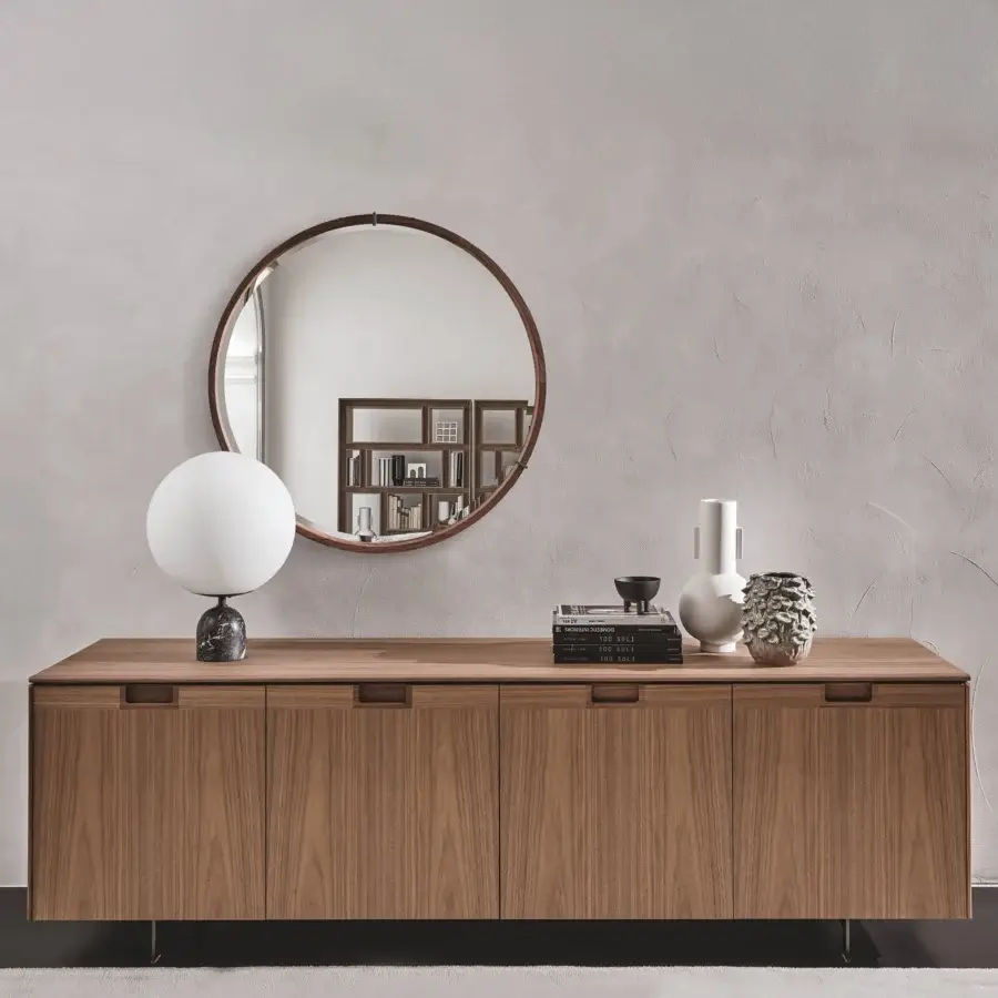 Distinguished Porada Matics 4 sideboard with warm brown wood doors, pewter finished metal base and satin finish