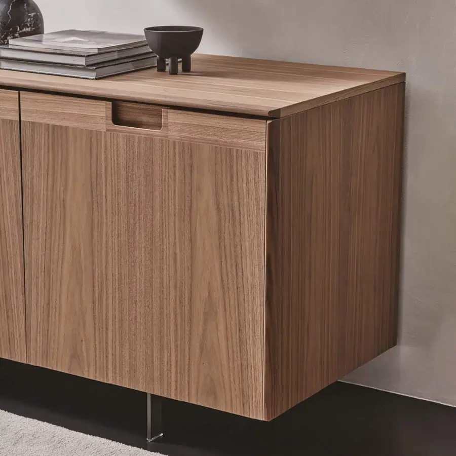 Exceptional Porada Matics 4 sideboard crafted with warm brown wood doors and sleek pewter finished metal base