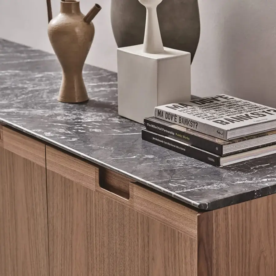 Superior Porada Matics 4 sideboard built with warm wood doors, dark gray stone-like top and pewter finished metal base with matte finish
