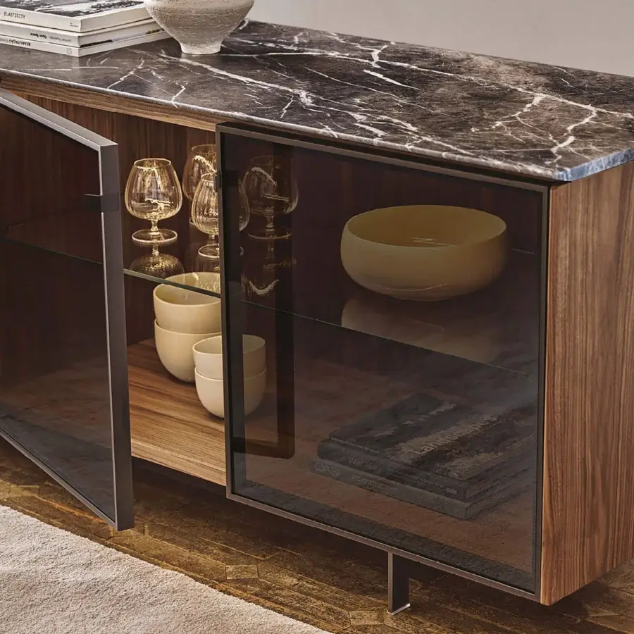 Elegant Porada Matics 4 sideboard with warm wood doors, satin grain, and pewter finished metal base