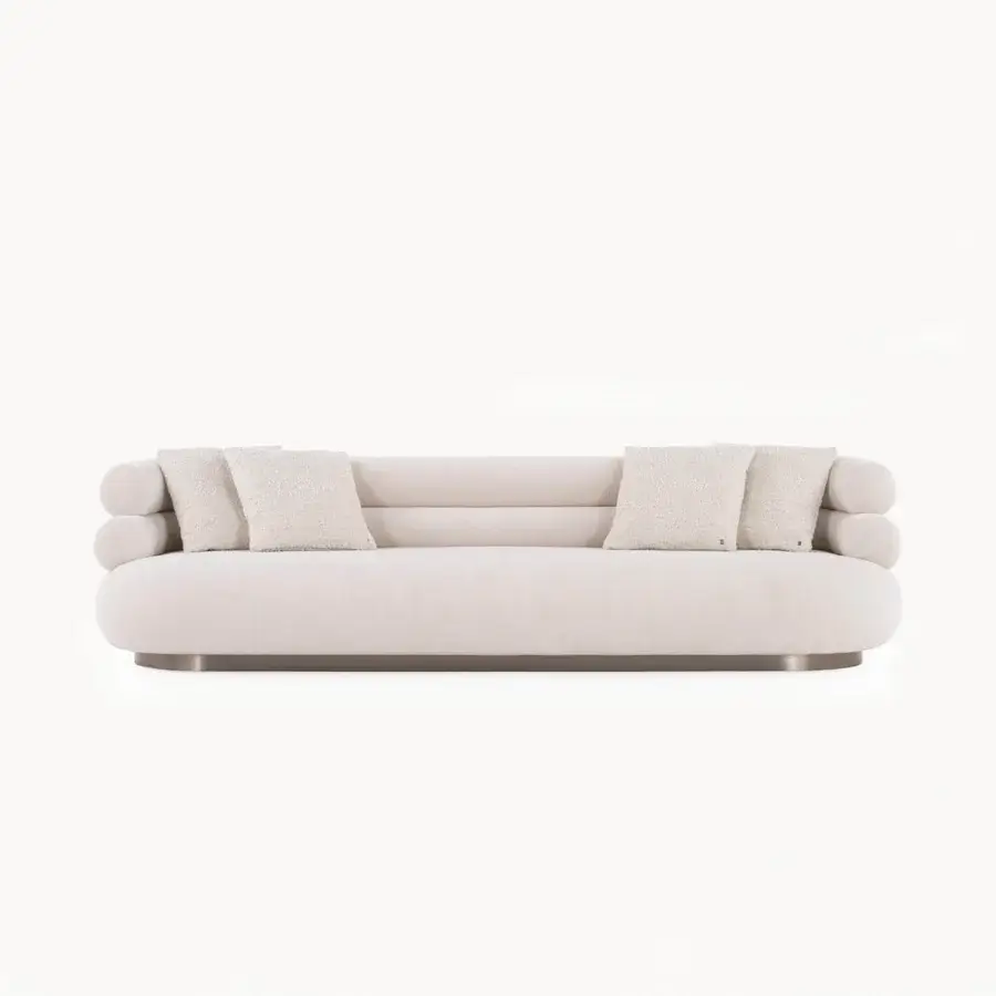 Exceptional Visionnaire Voluptas sofa with sculpted backrest, neutral beige stretch fabric upholstery, and satin-finish steel plinth base