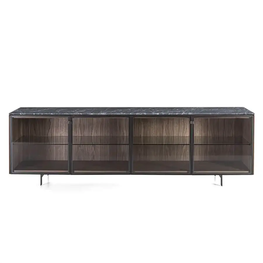 Elegant Porada Matics 4 sideboard with Stopsol super silver clear glass doors and dark marble top built with a pewter finish