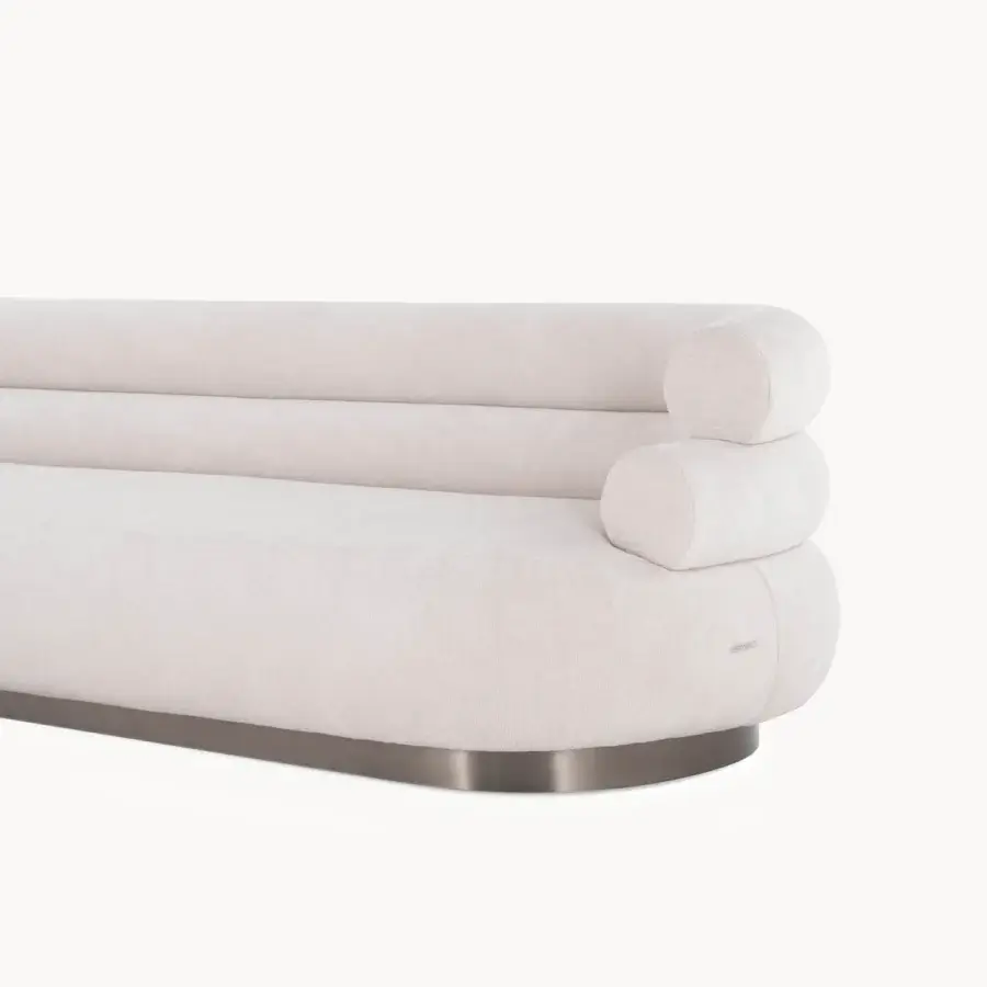 Distinguished Visionnaire Voluptas sofa with sculpted overlapping cushions, fully upholstered in light beige stretch fabric and satin-finish steel base