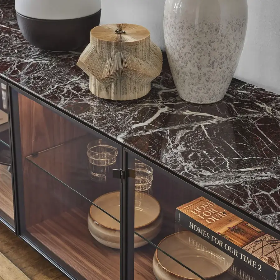 Elegant Porada Matics 4 sideboard with Stopsol super silver clear glass doors and deep brown marble-veined wood, finished with a pewter base