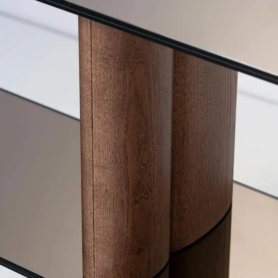 Exceptional Potocco Pages bookshelf with cylindrical solid ash wood supports and clear glossy bronze mirrored glass shelves crafted with a satin finish