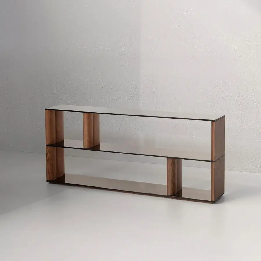 Superior Potocco Pages bookshelf with curving solid ash wood and bronze mirrored glass shelves in satin finish